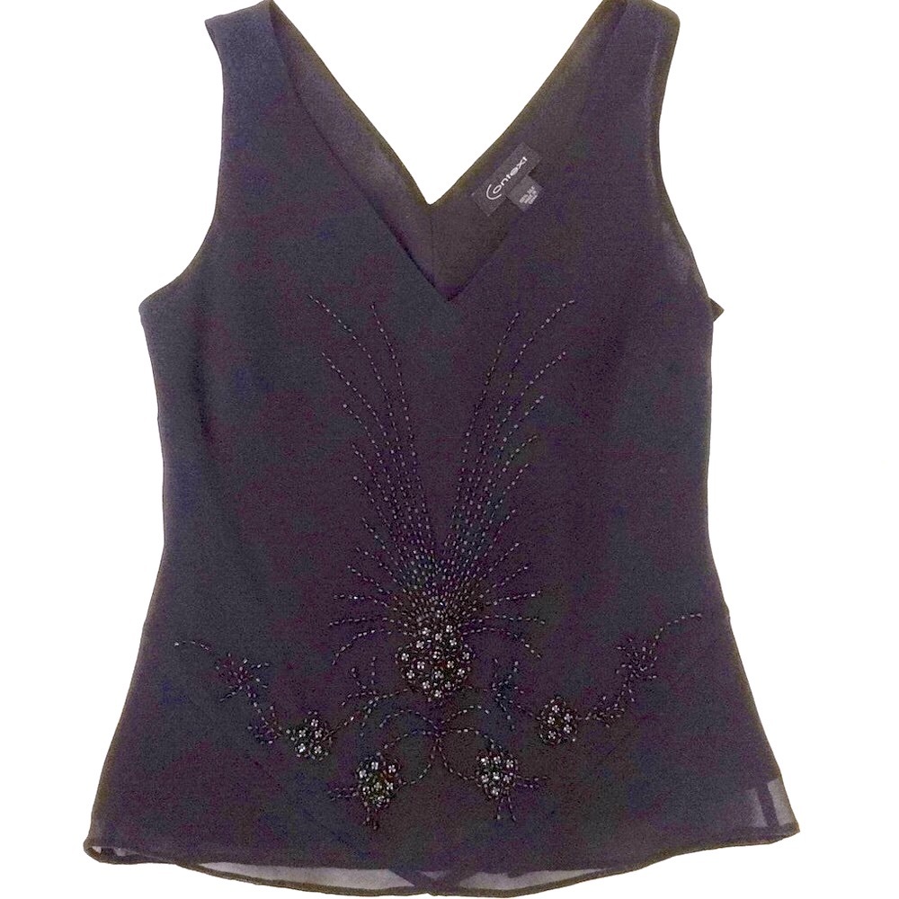 100% Silk Chiffon Black Beaded Sleeveless Top Sz S